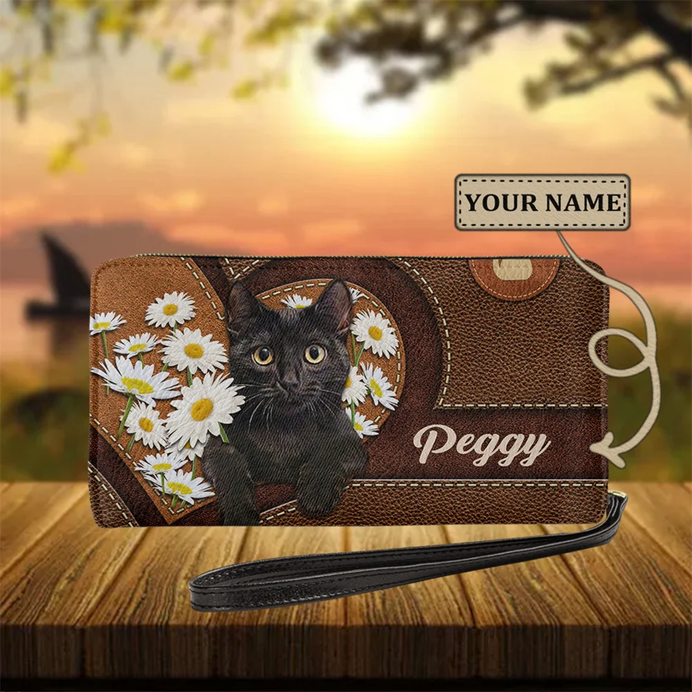 2023 neuer Trend Leder Geldbörse Karten halter Brieftasche Frau Kawaii schwarze Katze Schmetterling Blumen Marke Design lange Clutch Porta monnaie