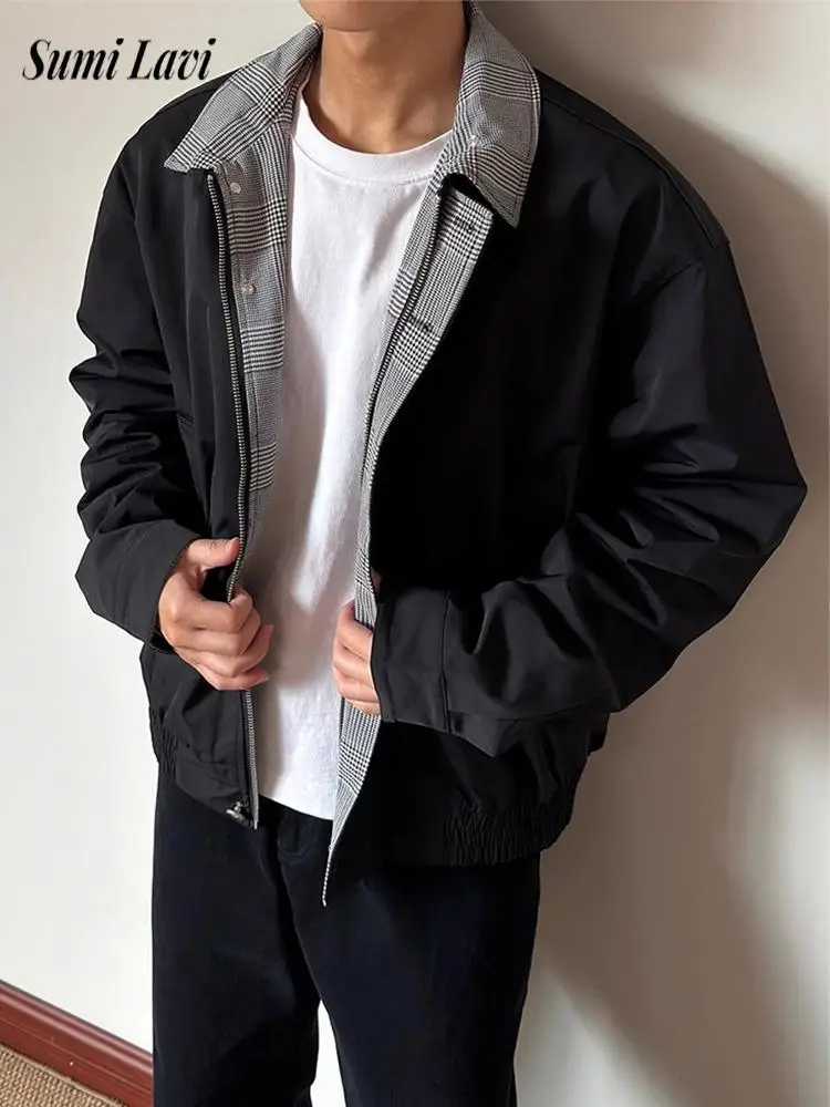 Daily Leisure Men's Plaid Lapel Cardigans Spring Autumn Casual Patchwork Zip-up Jacket Coat For Men Vintage Long Sleeve Jackets