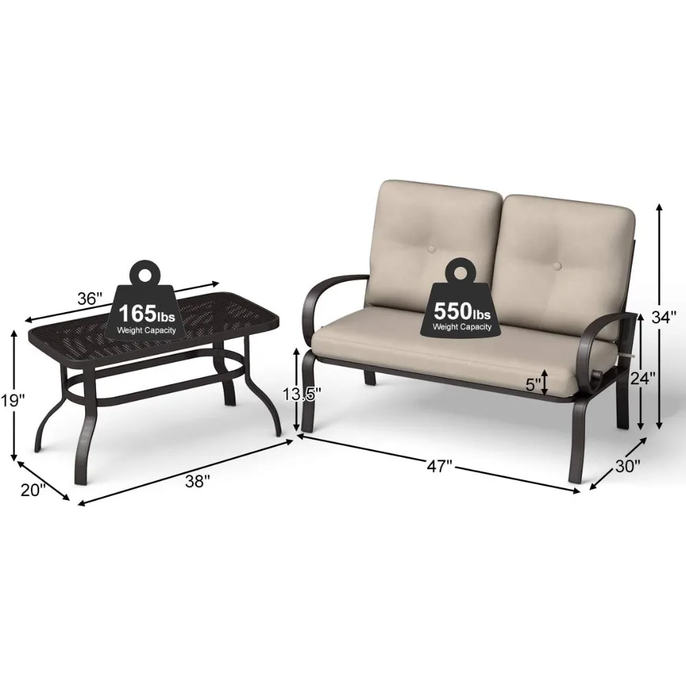 ชุดโซฟาเลิฟซีทสำหรับลานบ้าน 2 ชิ้น พร้อมโต๊ะกาแฟ ม้านั่งกลางแจ้งพร้อมเบาะรองนั่งและโครงโลหะ ชุดเฟอร์นิเจอร์เลิฟซีทสำหรับสวน