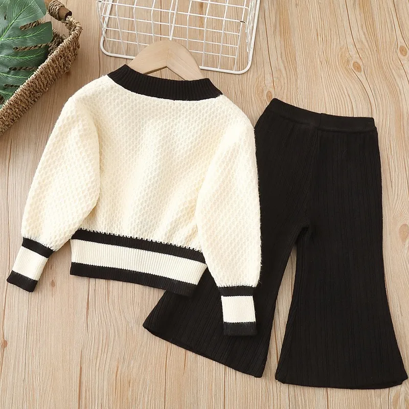 Girls Clothes for Kids 2 Pieces Sets Korean Knitted Sweater Bell-bottoms Cardigan V-neck Single Breasted Pockets Solid Color