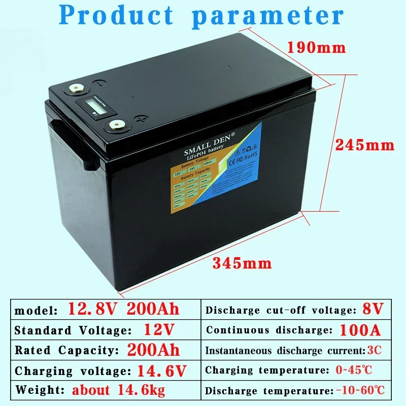 12.8V 200Ah LiFePO4 battery 12V 4 String BMS USB For RV Campers Golf Cart Off-Road Solar Wind 14.6V Charger TAX FREE