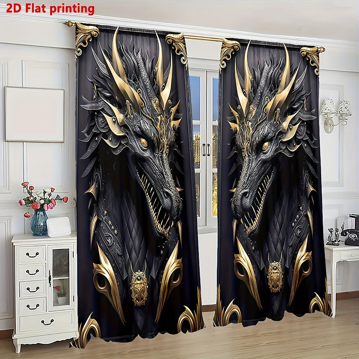 2PCS Digital Print Curtains, Black Gold Dragon Totem, Asian Oriental