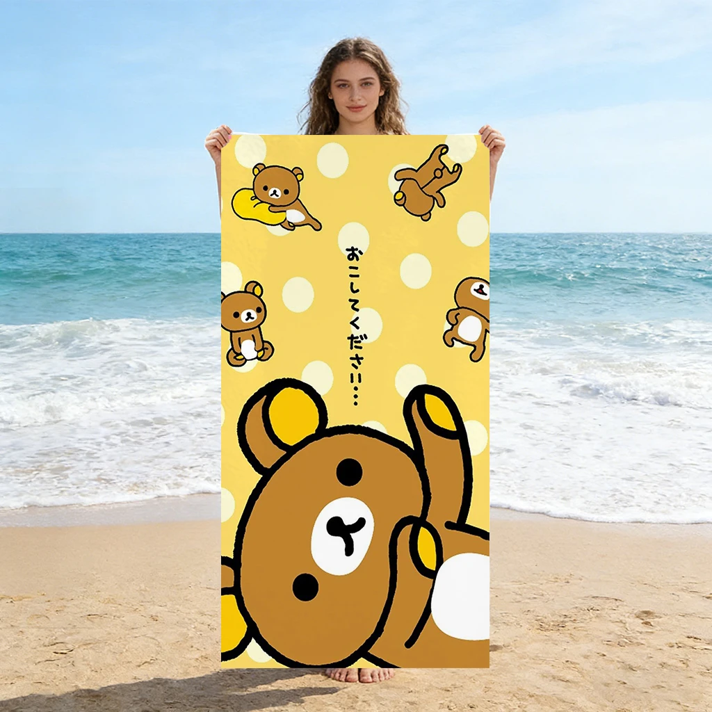 R-Rilakkuma Yellow Polka Dot Beach Towel, Cute Cartoon Bear Quick Dry Towel, for Swimming Pool, Travel, Camping and Daily Use