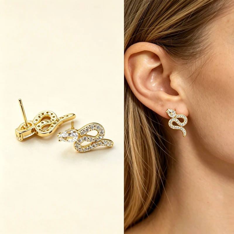 Gold‑Tone Snake Zircon Stud Earrings for Women, Pave Zircon Coiled Serpent Teardrop Head Pierced Earrings, Edgy Jewelry