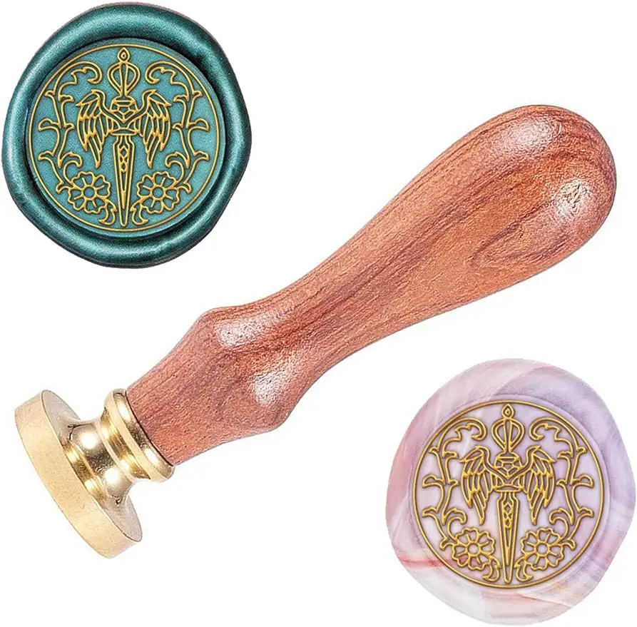 

1PC Wax Seal Stamp Angel Sword Pattern 25mm Vintage Seal Stamp Removable Brass Head Retro Wood Stamp for Greeting Card