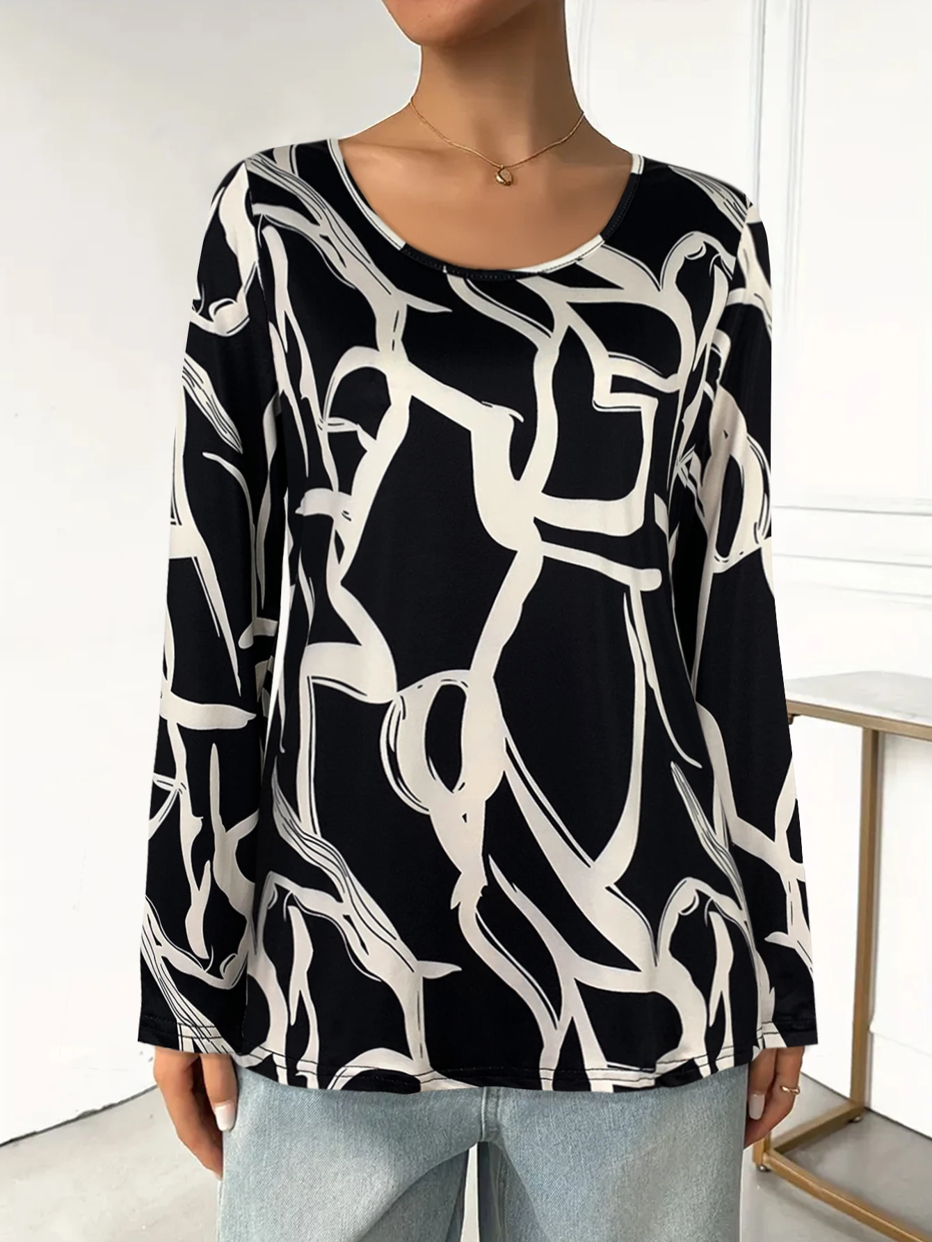 

Женский топ с круглым вырезом и длинными рукавами, черно-белый абстрактный художественный принт, повседневная повседневная и офисная одежда