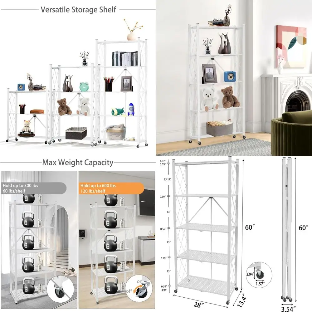 

Складной 5-ярусный стальной органайзер на колесиках, портативная универсальная стойка для кухни, кладовой, офиса, белая