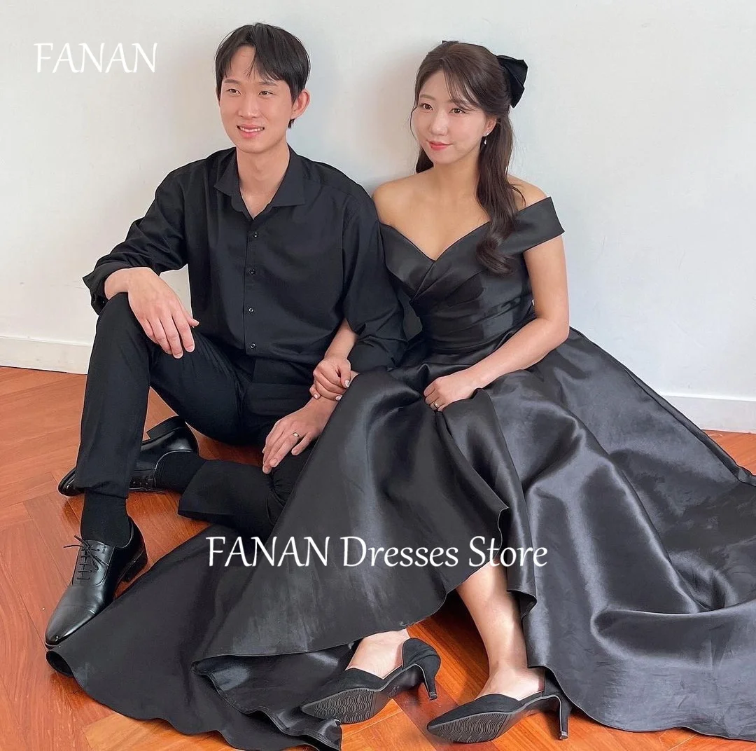 

FANAN Off the Shoulder Short Sleeves Black Simple Evening Party Dresses Korea Satin Wedding Women Formal Gowns Event Prom Gowns