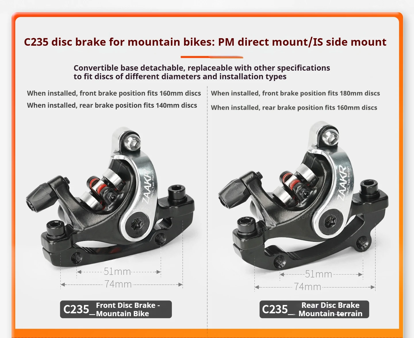 ZAAKR Mechanischer Bremssattel Modell C230-C235 Vergrößerter Kolben, leichtes Design für Fahrräder mit Flat-Mount- und Post-Mount-Befestigung – Detail 7