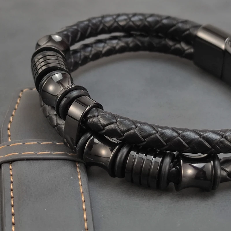 Luxury Genuine Black Leather Beads Bracelet For Men Stainless Steel Magnetic Clasp Fashion Punk Multi-Layer Bangles Male Jewelry