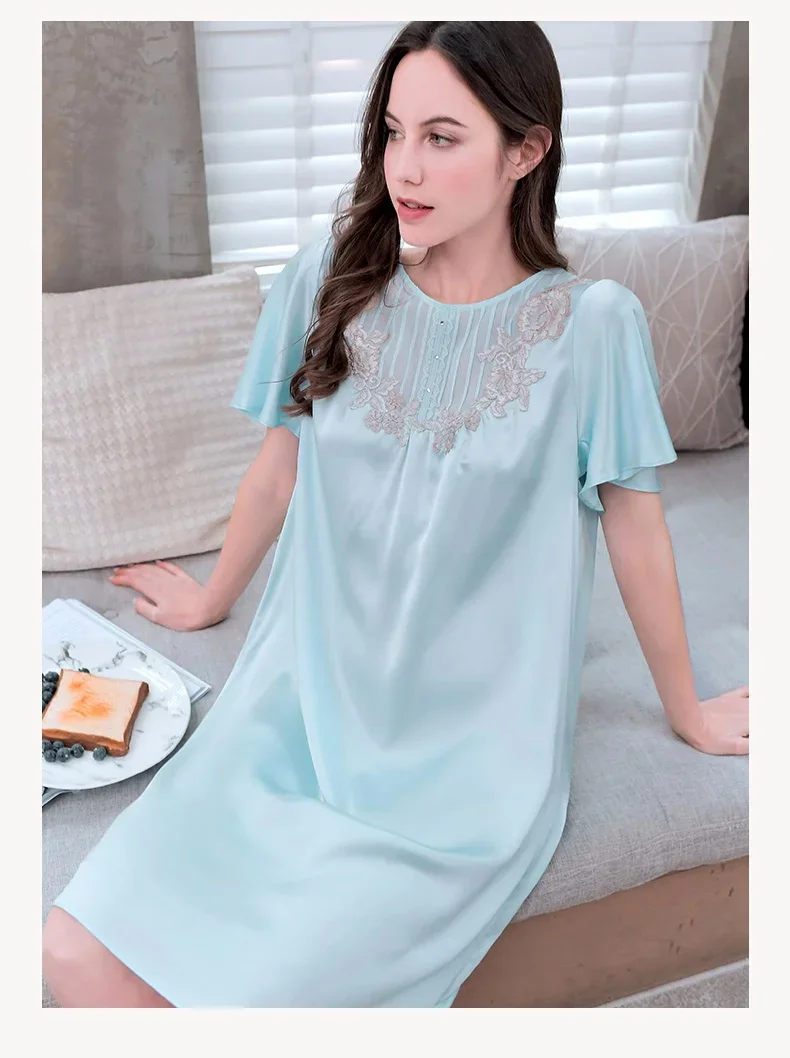 100% Mulberry Silk Short Sleeve Nightgowns Women Loose Elegant Nightdress Nightwear Room Wear One Piece Ladies Summer Sleepwear