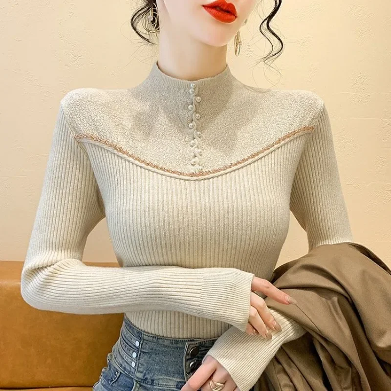 2024 Autumn New Fashion Beaded Knitted Sweater Pullover Long-sleeved Femininity Slim-fitting Semi-turtleneck Chic Top