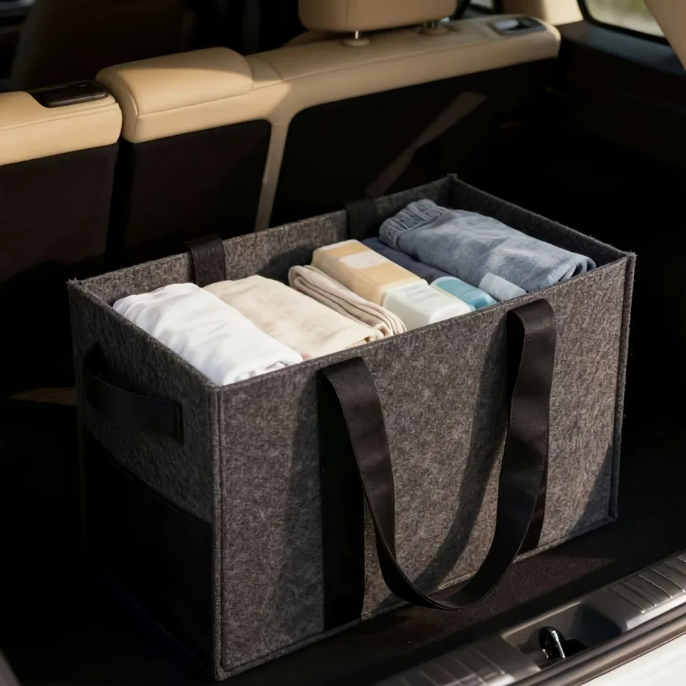 Extra dicke Filz-Aufbewahrungsbox mit Griffen, tragbare Tasche mit mehreren Fächern, die für die Aufbewahrung im Kofferraum verwendet werden kann – Detail 6