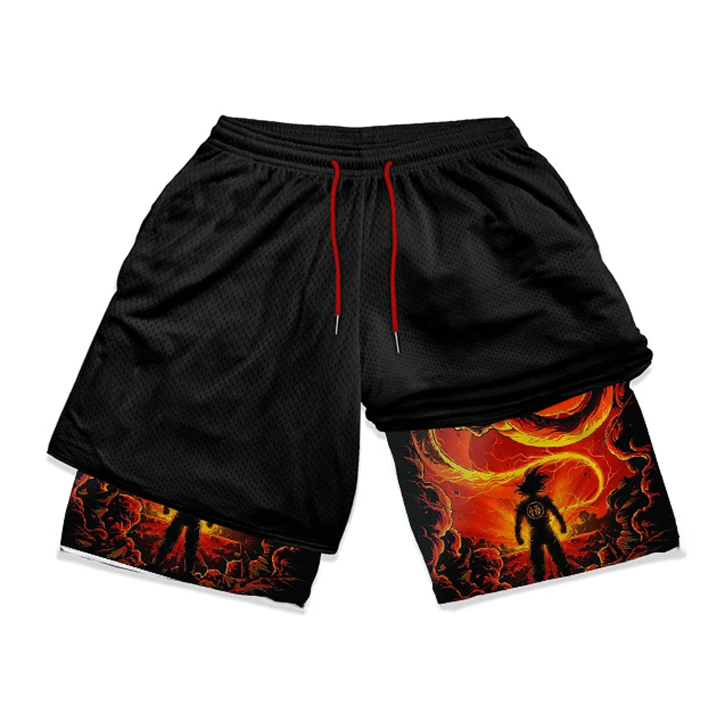 Men\'s Anime Shorts Manga Print 2 in 1 Gym Shorts Fitness Compression Mesh Sports Short Pants Quick Dry Breathable Summer Male