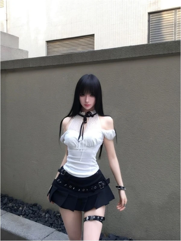 

Elegant Black Lace Crop Top And High Waist Skirt Set Summer Fashion Slim Fit Hollow out Design Shoulder Baring Outfit