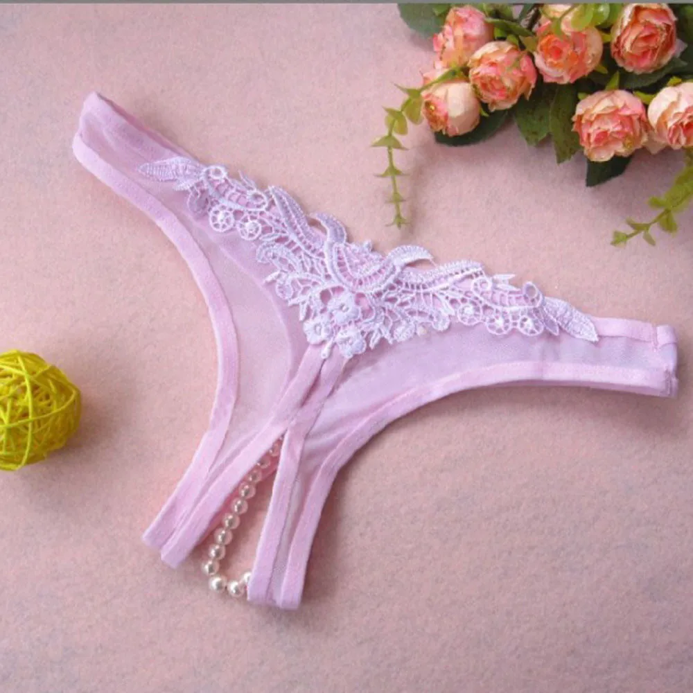 

Women Sexy Open Crotch Pearl Lace Panties Sleepwear Exotic Low Waist Applique Underpants Soft Breathable Porn Lingerie Briefs