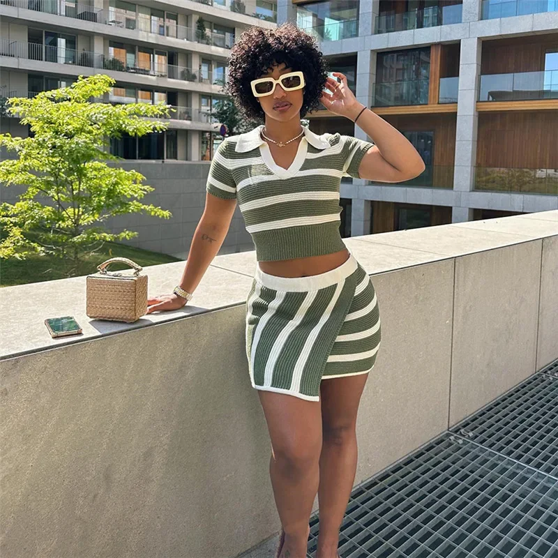 

Stripe Color Patchwork Knitted Two Piece Dress Set Women Polo-neck Short Sleeve Crop Top Bodycon Mini Skirts Casual Summer Suits
