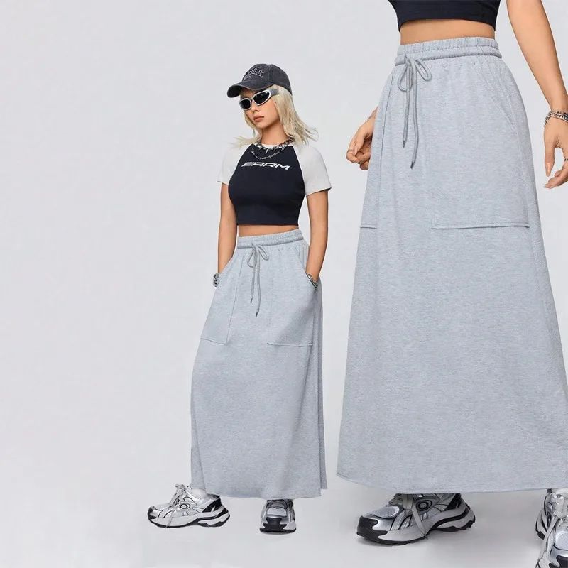 

2024 Women'S Fashion Skirt Casual Knit Hoodie A-line High Wasit Lace-up Loose Sports Long Skirt Faldas Mujer Moda with Pockets