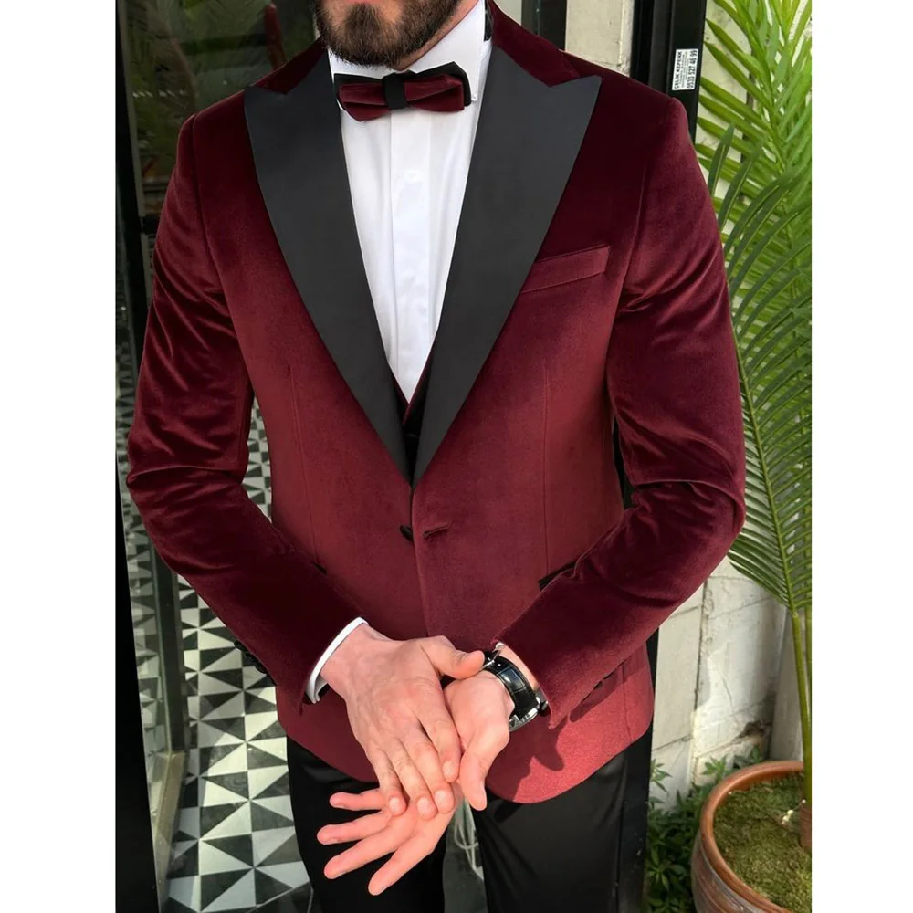 2024 Slim Fit Burgundy Peak Lapel Men\'s Suits One Button Velvet Formal Party Male Clothing Skinny Elegant Jacket 1 Piece Blazer