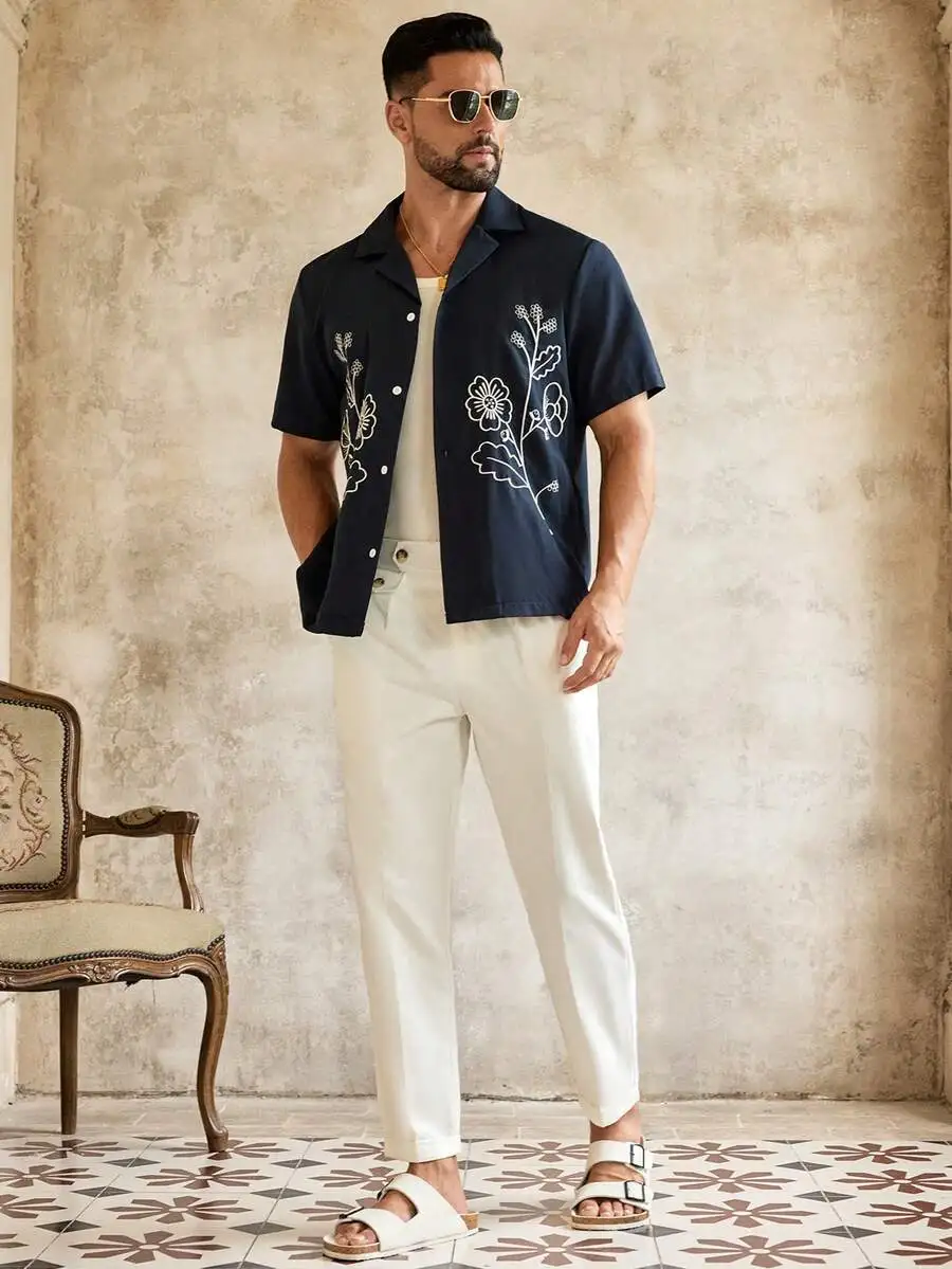 HIMLAND Men's Navy Blue Line Art Floral Embroidered Cuban Collar Shirt,Short Sleeve Loose Fit Designer Button Up,Summer Casual