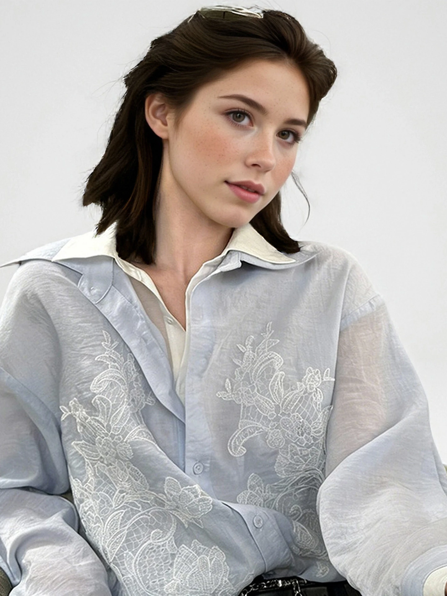 

Elegant Blue Shirt Women's Fashionable Age-defying French Style Long Sleeve Casual Shirt Unique Premium Design Two-piece Look