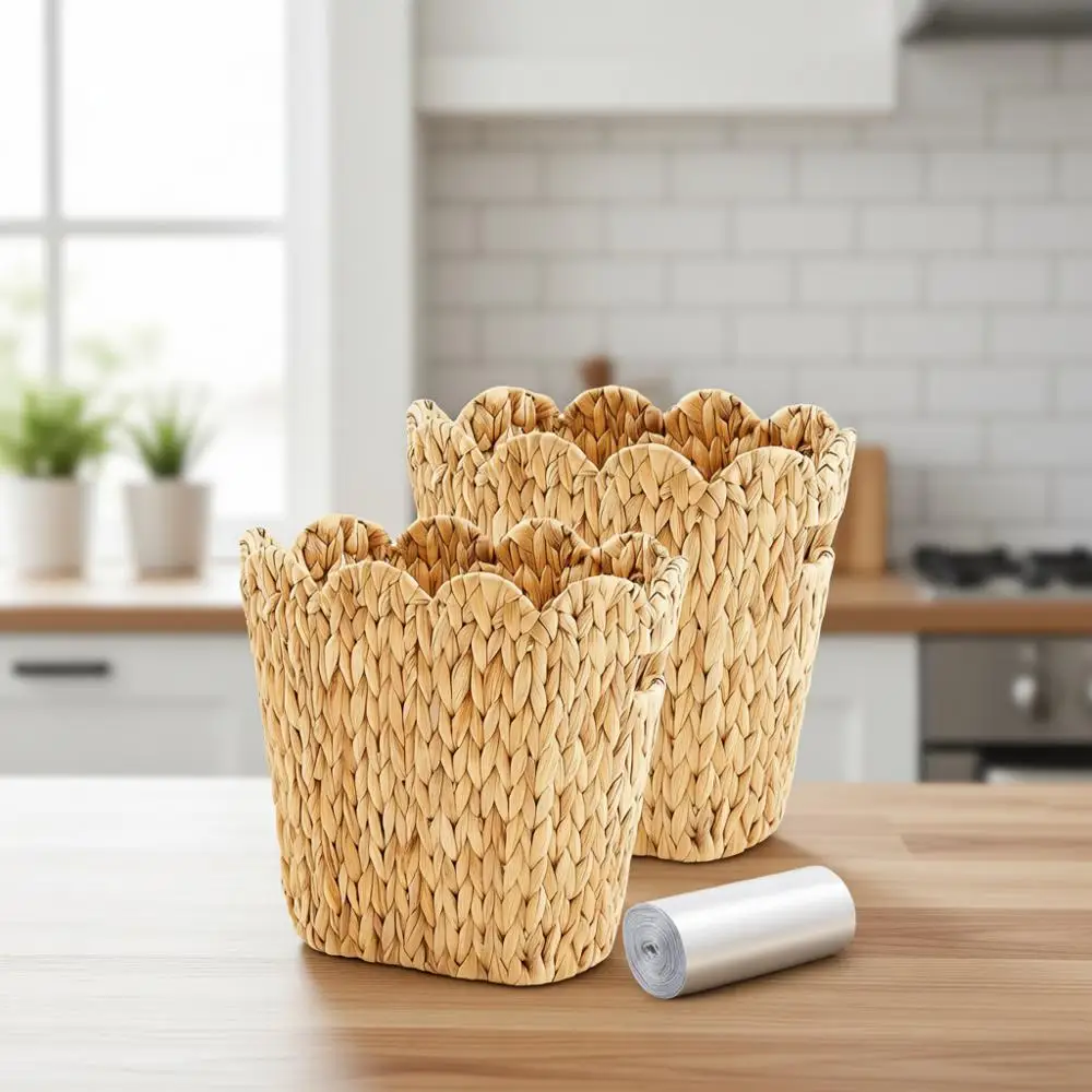 

Set of 2 Wicker Trash Cans with 50 Small Bags, Multipurpose Woven Baskets for Kitchen, Bathroom (Calabash Vine, Scalloped Brim)