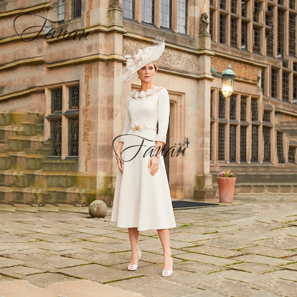 Customized Romantic White Tea-Length Mother Of The Bride Dress Long Sleeve Sheath Pleated A-Line Wedding Party  vestido largo in