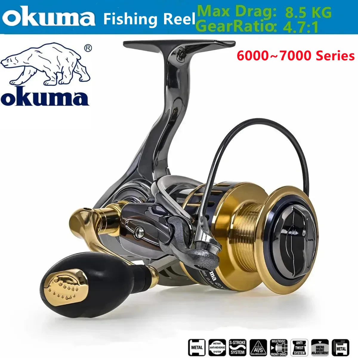 Okuma Rotating Reel Ball Bearing 13 + 1BB  Aluminum Wire Cup Metal Folding Rocker Arm Gapless  System Fishing Reel