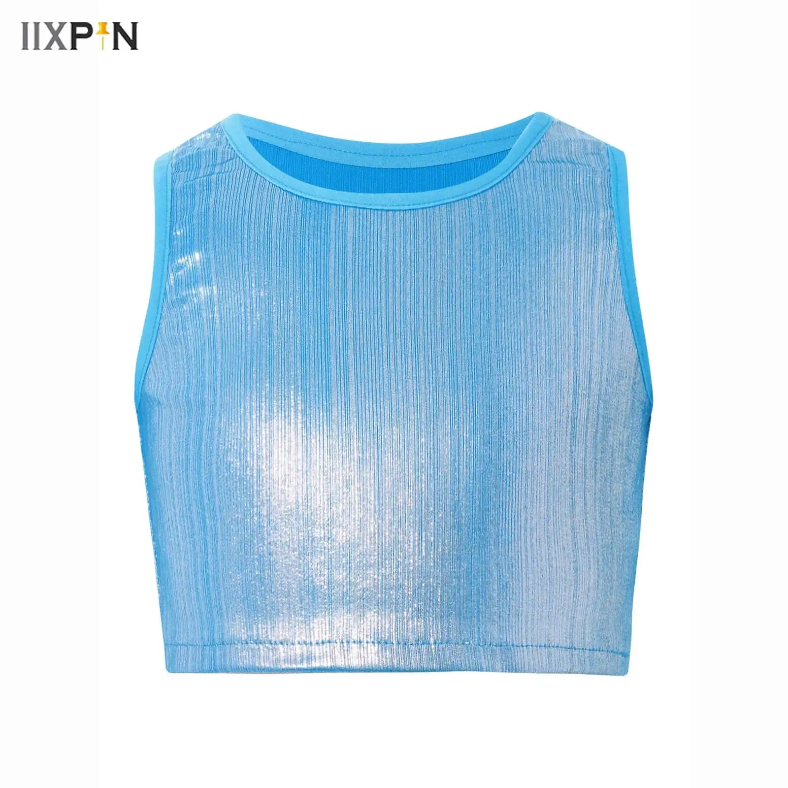 

Kids Girls Jazz Latin Dance Top Round Neck Sleeveless Metallic Ribbed Vest Sleeveless Camisol Crop Top Stage Performance Costume