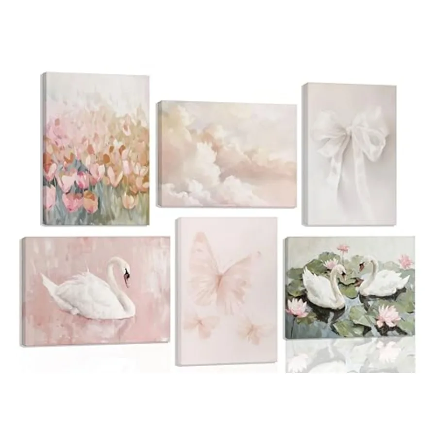 

6Pcs Coquette Wall Art Pastel Pink Trendy Canvas Bow Posters White Swan Preppy Painting Butterfly Pictures Aesthetic Floral Pri