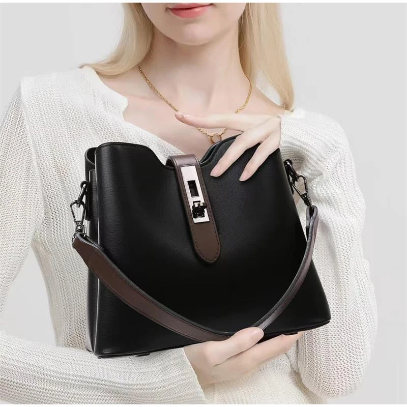 

Luxury Leather Shoulder Bag Buckle Design Women Bucket Bag Multicompartment Commuter Briefcase Wide Shoulder Strap Crossbody Bag