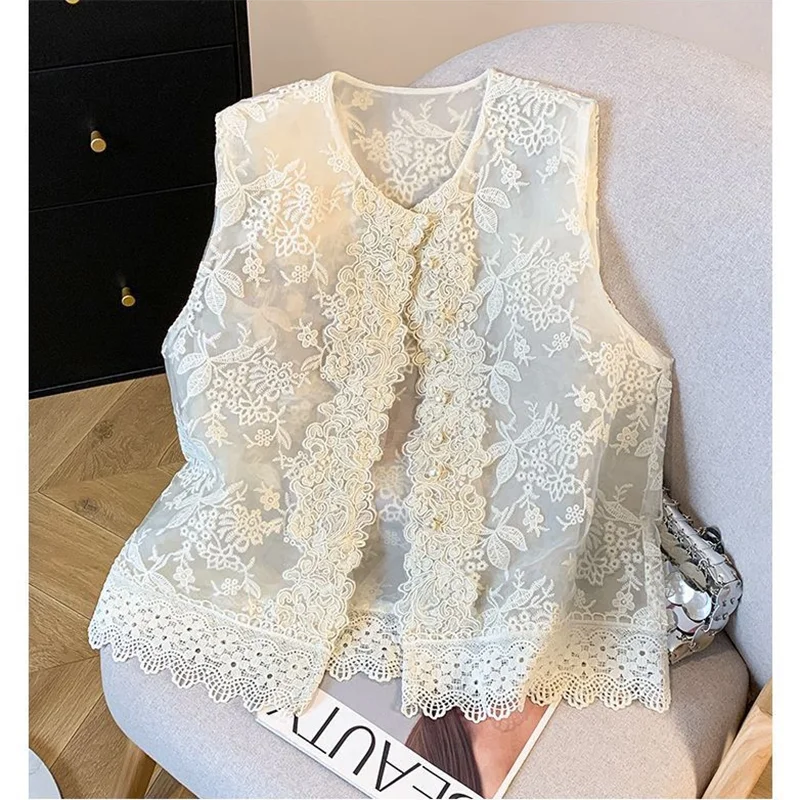 Women's Jackets Women's Vest Spring and Summer Embroidery Loose Cardigan Sleeveless Vest Small Coat Lace Beaded Short Coat