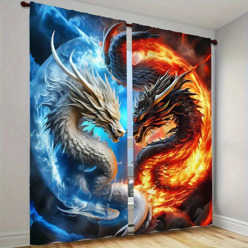 

2pcs Ice & Fire Dragon Curtains – Blue & Red Mythical Design for Living Room, Bedroom & Office – Stylish Window Decor