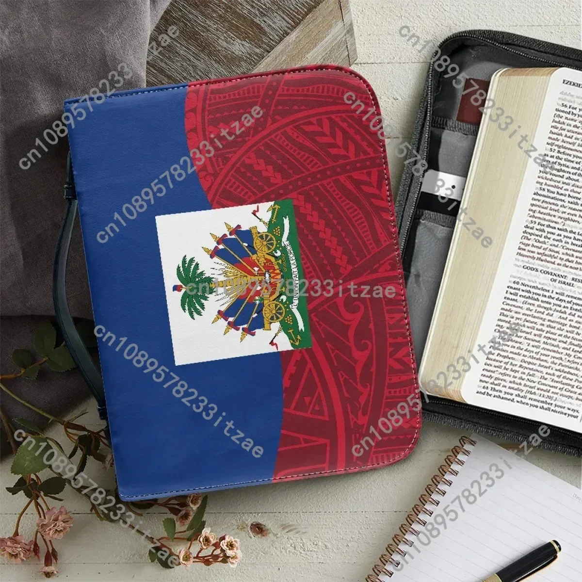 

New Flag of Haiti Print Bible Cover Case for Women Custom Leather Bible Bag Zippered Handle Handbags Portable Bible Storage Bags