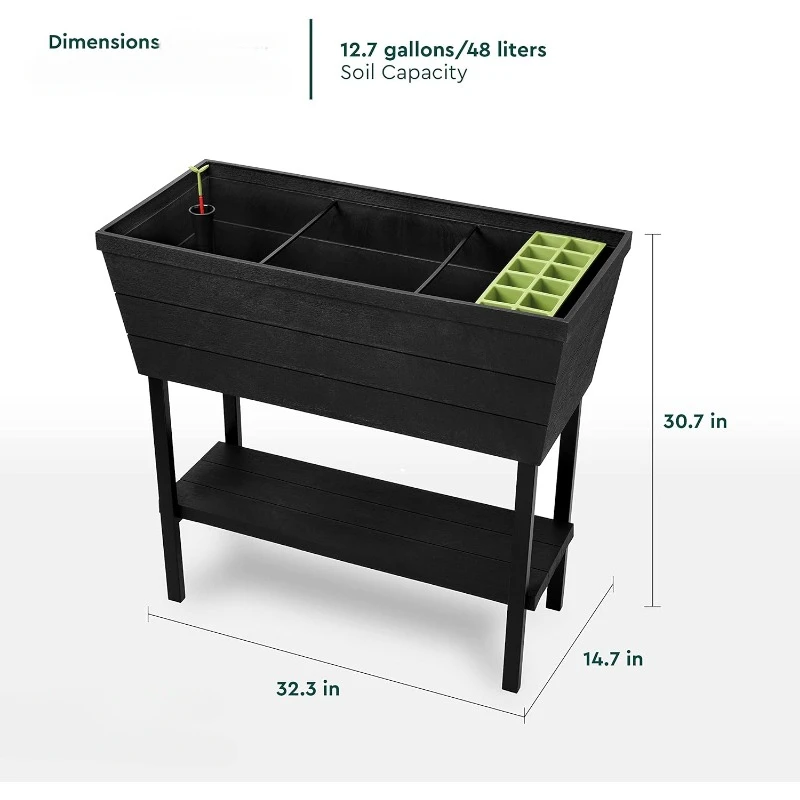 12.7 Gallon Raised Garden Bed with Self Watering Planter Box and Drainage Plug, Dark Grey