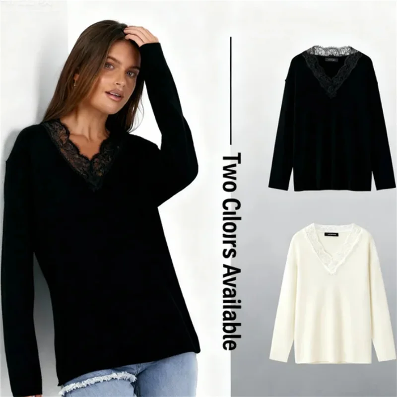 

Women's Wool Blended Lace Knit Sweater Trendy Sexy 2025 Fall Fashion 2 Colors Available