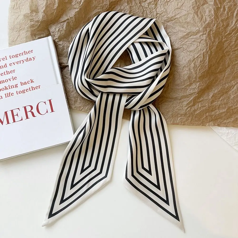 

Style French Neckerchief Printing Stripe Female Shawl Tie Silk Scarf Korean Style Scarves Small Long Scarf Printed Scarf