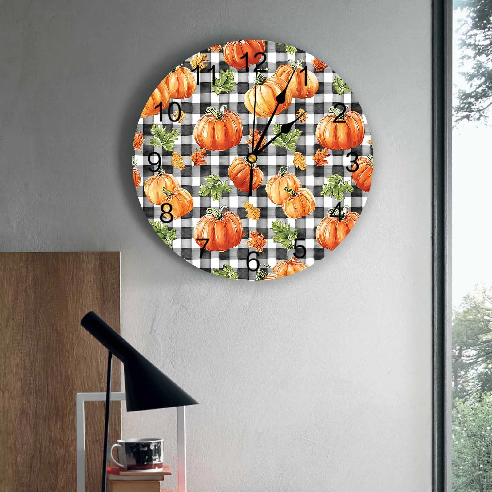 

Bedroom Wall Clocks Watercolor Pumpkin Black White Plaid Living Room Clocks Ornaments Baby Room Study Mute Wall Clocks