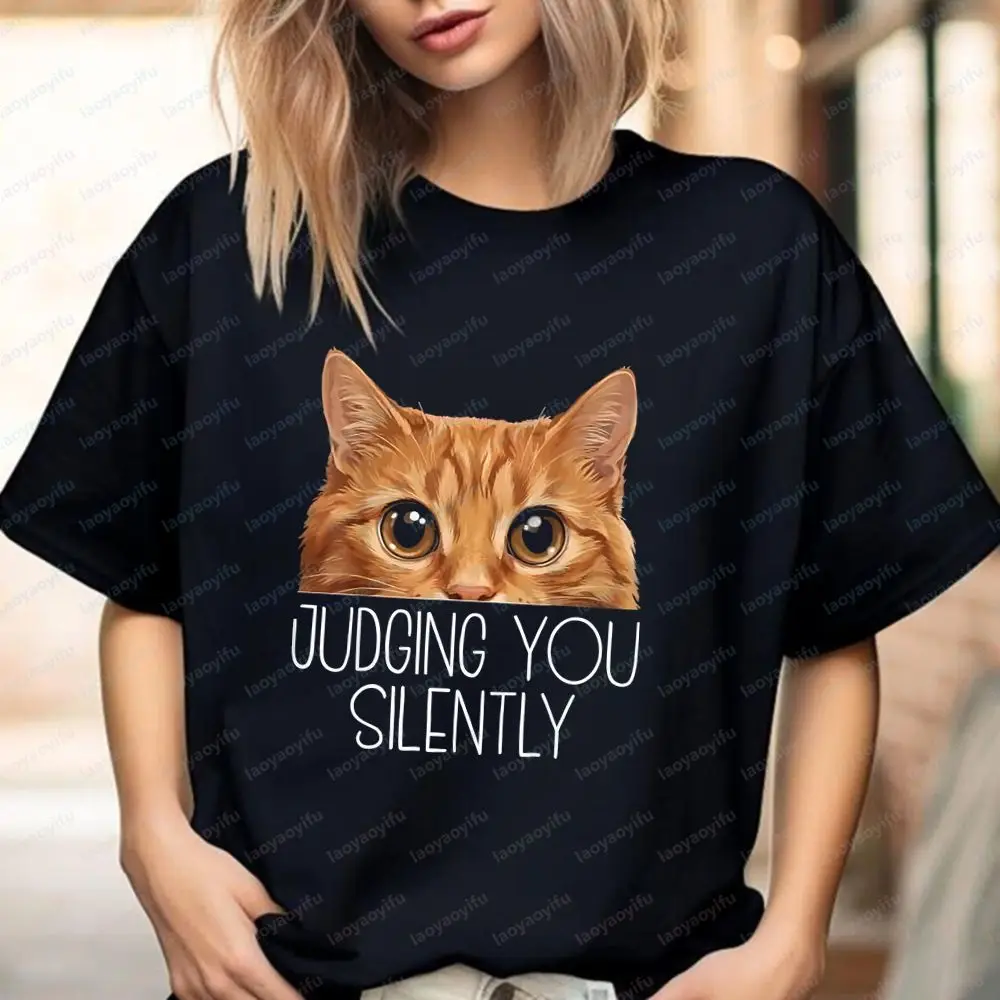 Judging You Silently Orange Tabby Cat - Summer Casual Stylish Short-Sleeved T-Shirt Suitable for Both Men and Women