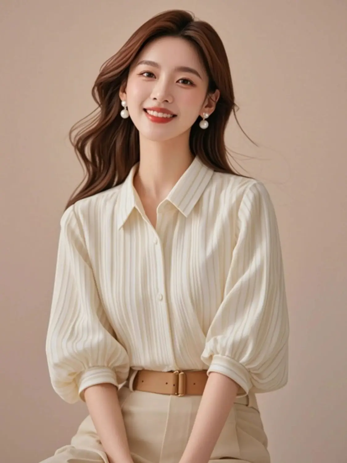 

Apricot Striped Lantern Sleeve Blouse Spring Premium Light Luxury Age Reducing Fashionable 7/8 Sleeve
