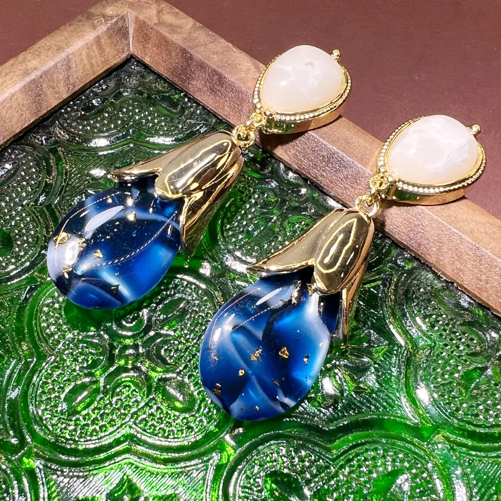 Medieval starry sky blue colorful water drop earrings vintage light luxury S925 medieval high-end earrings batch