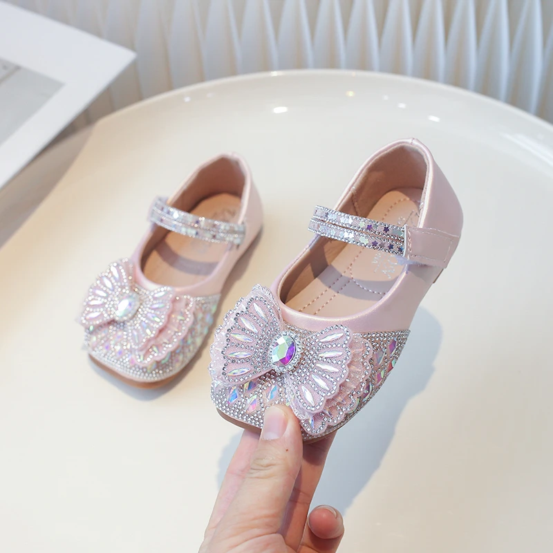 Girls Sequins Princess Shoes with Butterfly-knot Kids Crystal Mary Janes Shoes Fashion Children Flats Party Wedding Shows Shoes