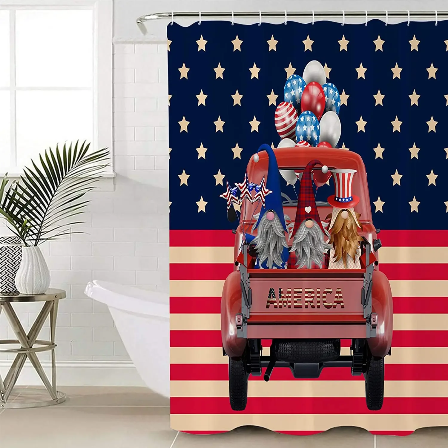 Independence Day Retro Truck Gnomes Windmill Rustic Wooden Board July 4th American Star Flag Water Repellent Shower Curtain