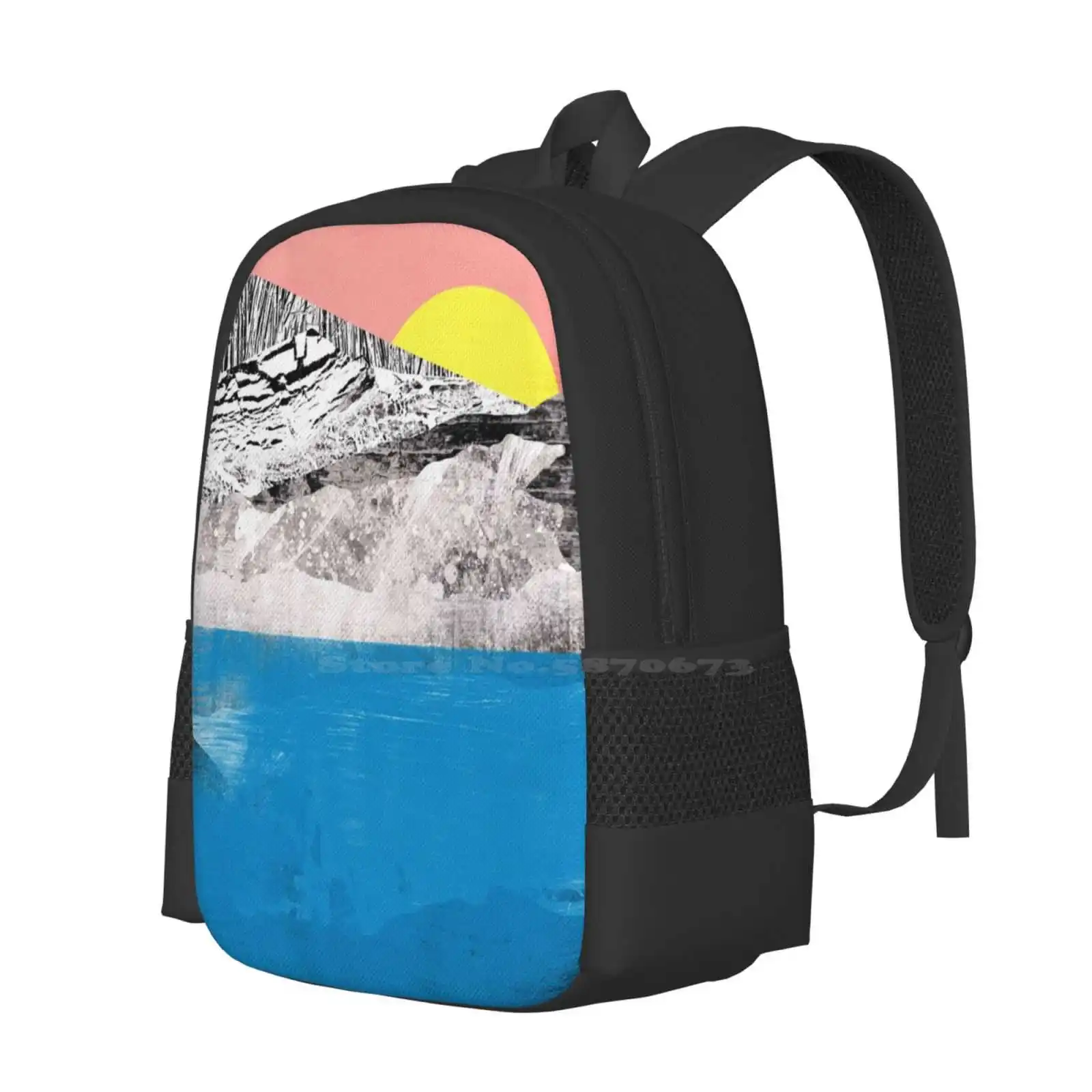 Mochila con formas abstractas de tonos de agua para primavera y verano, mochila escolar con diseño de montañas, lago, sol, montañas, gran oferta