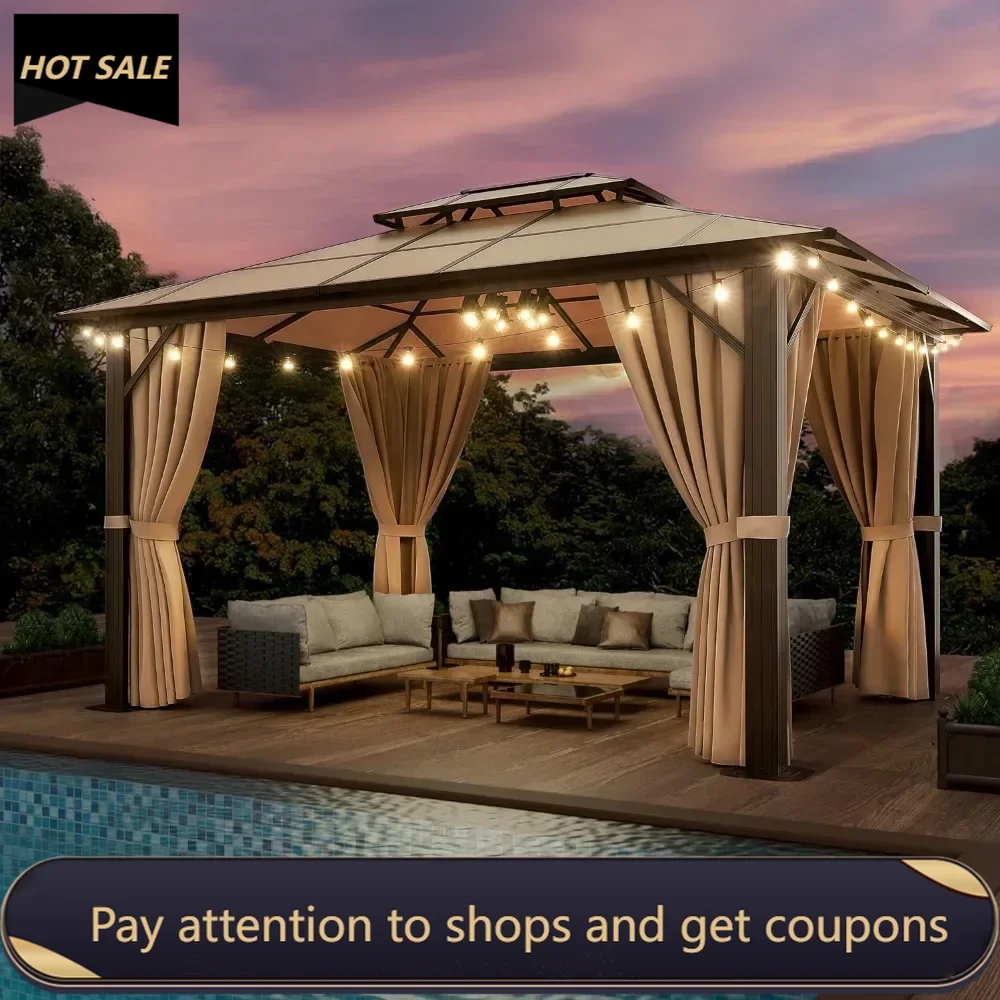 

10'x12' Hardtop Gazebo, Double Roof Gazebo, Aluminum Frame Permanent Pavilion with Netting and Curtains, Polycarbonate Gazebo