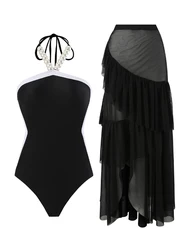 Elegant Solid Color Women Beach Swimsuit One Piece Black Beaded Neck Tie Swimwear Ruffled with Mesh Perspective Cover Up Skirt