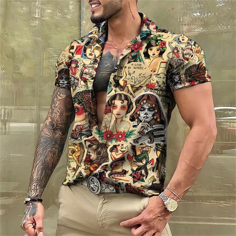 

2025 Summer Tattoo Men's 3D Printed Couple Shirt Comfortable Polyester Fiber Hawaii Trendy Men's Short Sleeve Top