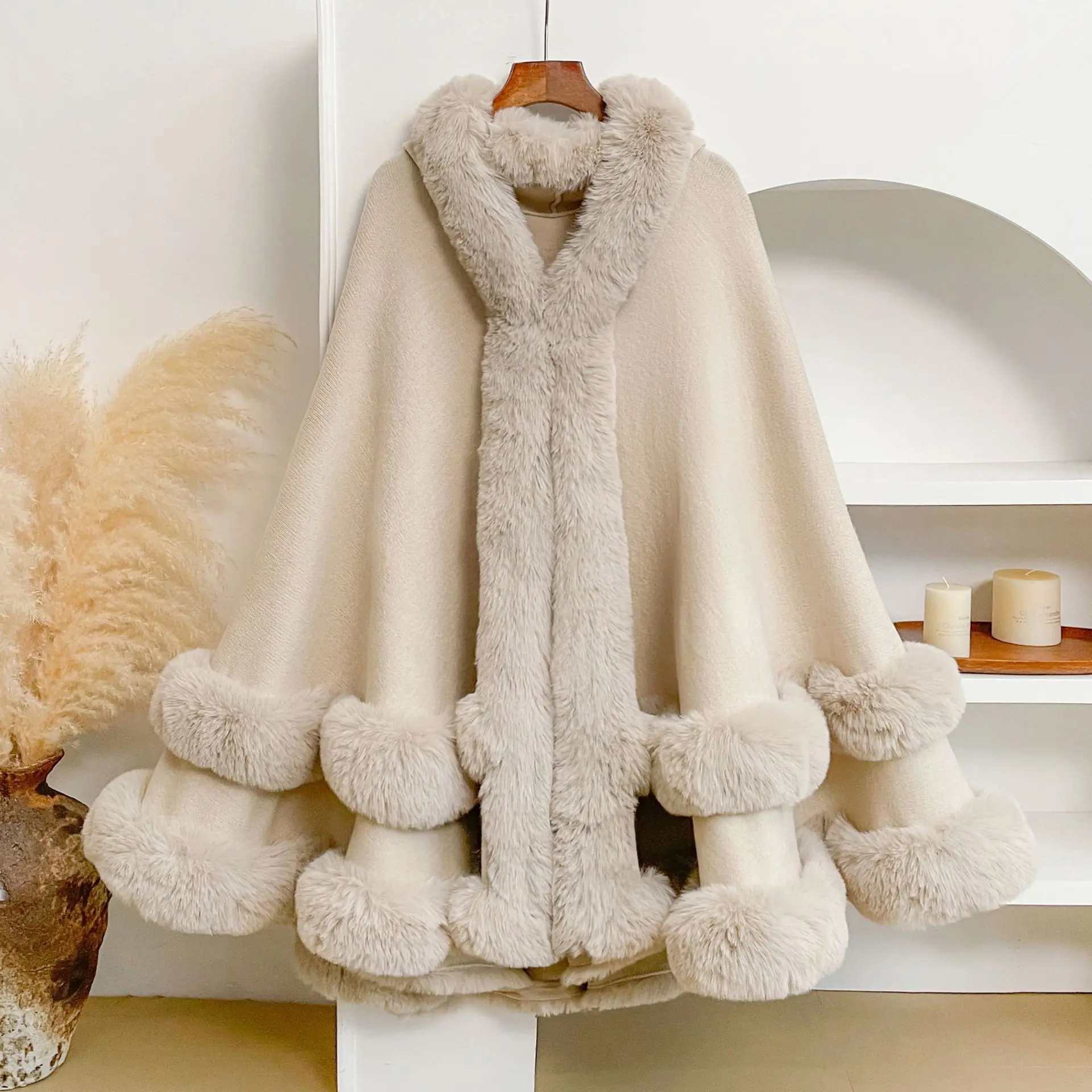 Women Faux Fur Trim Cape Coat Hooded Loose Poncho Cloak Elegant Warm Knit Shawl Wrap Winter Outerwear for Evening Party