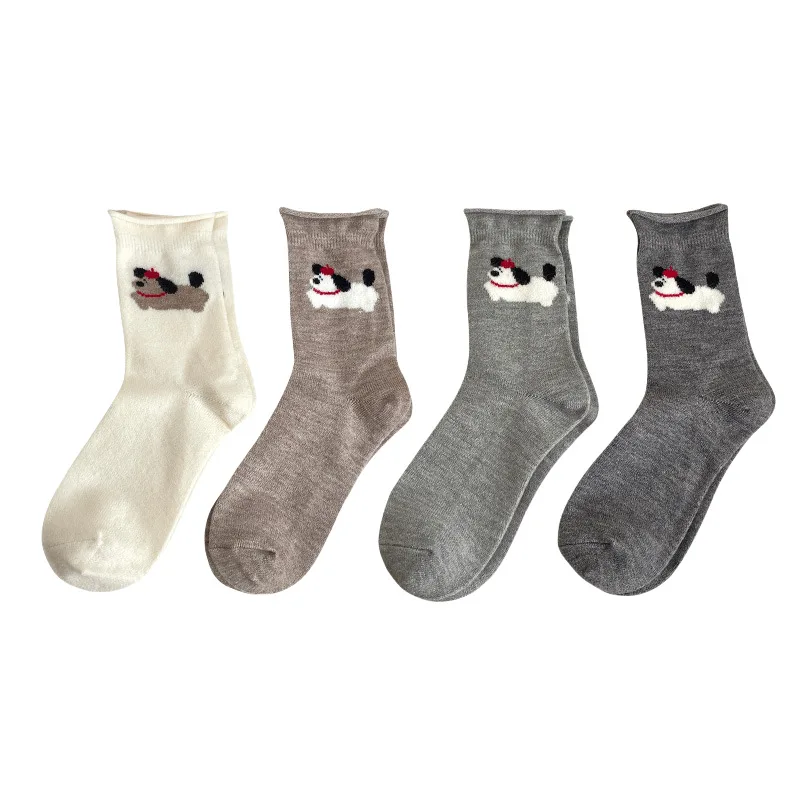 1/4 Paar Wolle Damen Herbst Winter dicke warme Mittelrohrsocken Cartoon süße einfache bequeme schweißabsorbierende Freizeitsocken