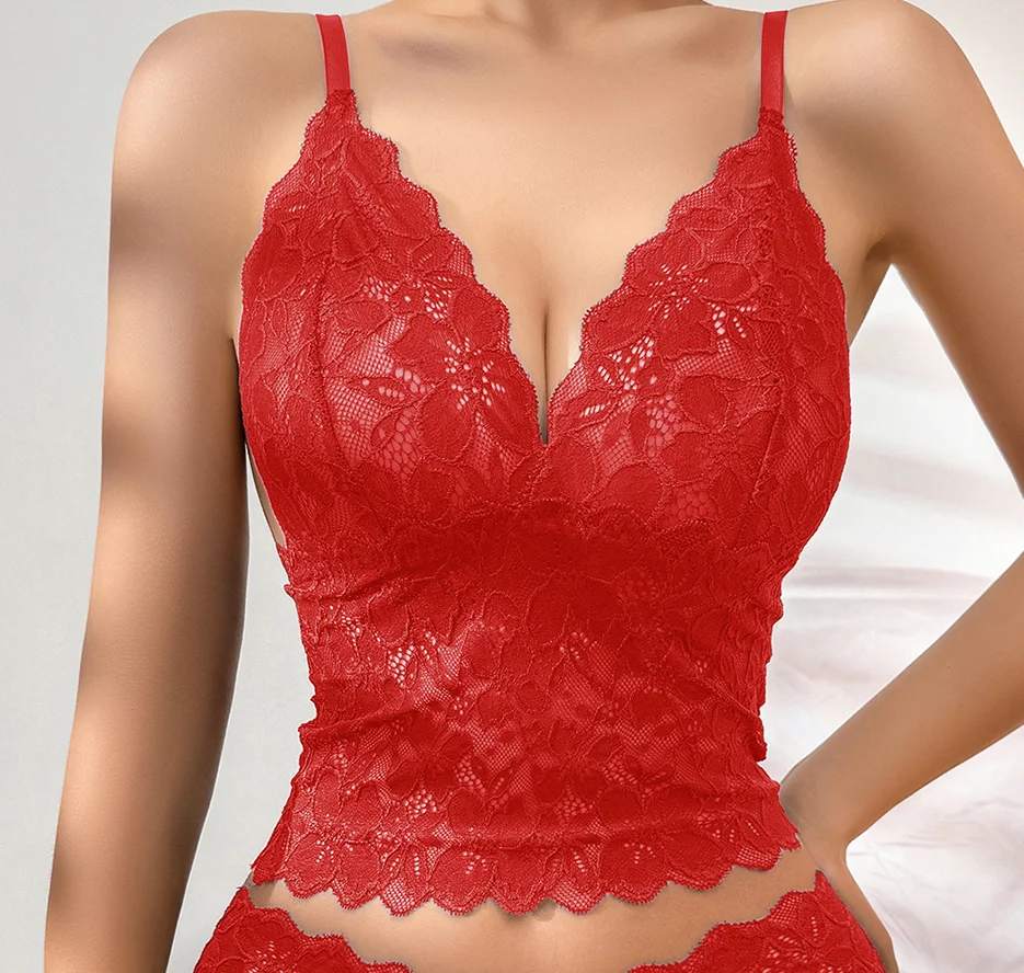 New Womens Lace Floral Lingerie Outfits V-Neck Camisole Bra + Mini Shorts Slim Fit Babydoll Sleepwear Hot Sale S M L